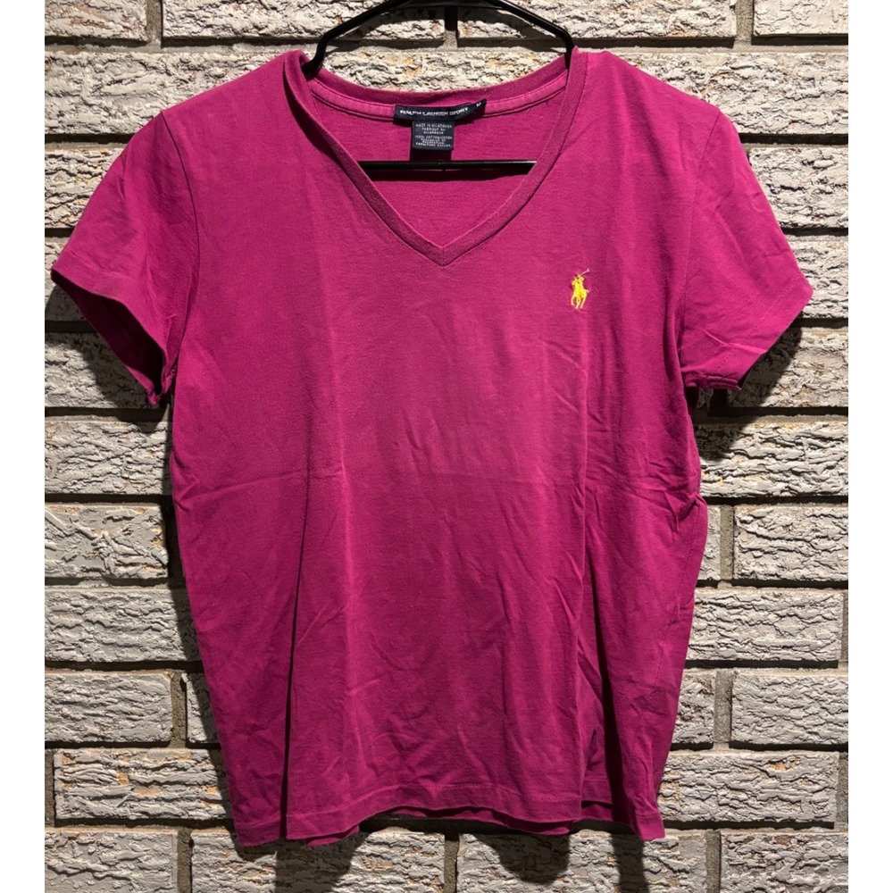 Ralph Lauren Sport Magenta Pink V-Neck Cotton T-Shirt Yellow Pony Logo Womens M